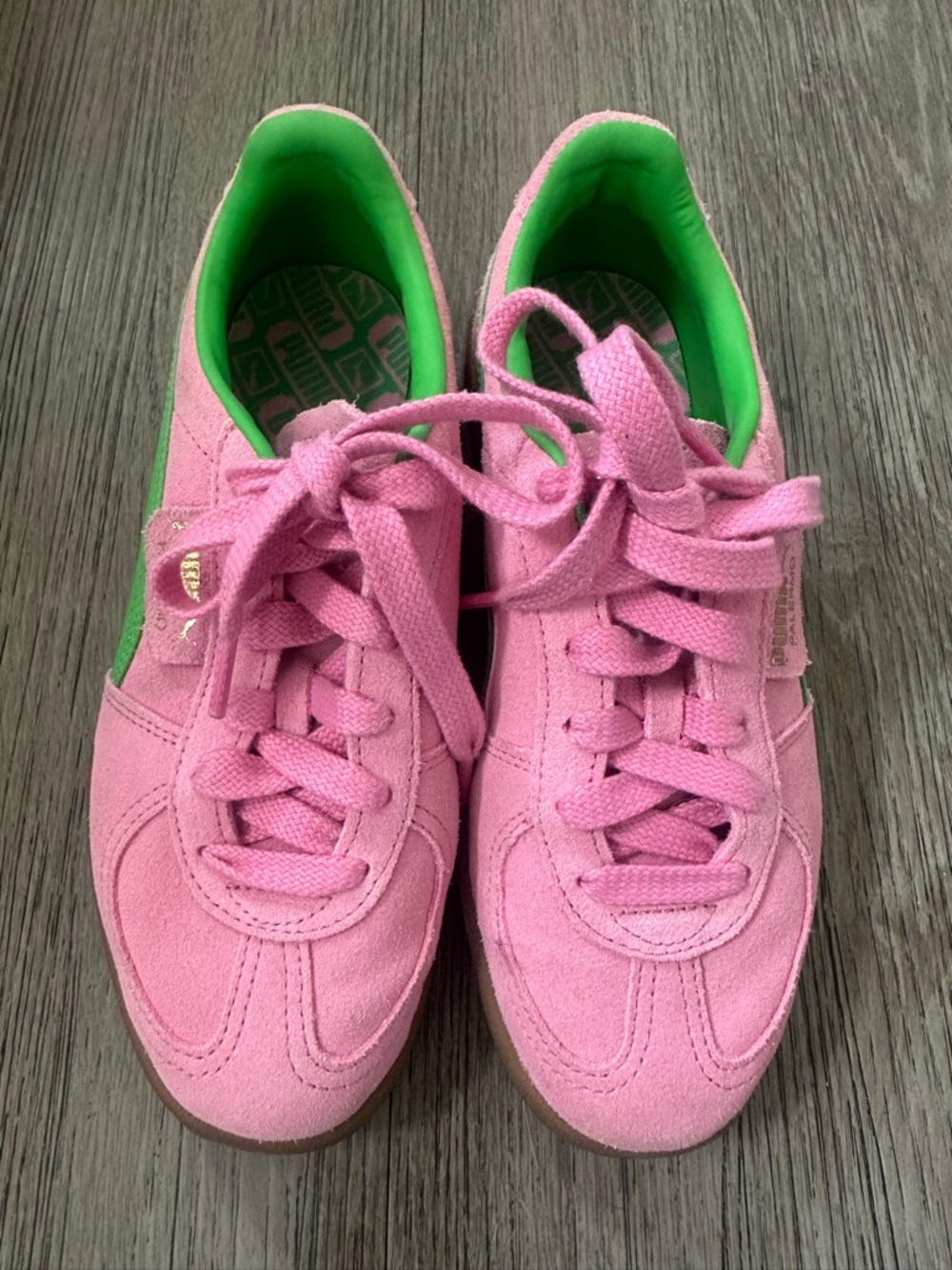 Puma Kids Pink Suede Sneakers with Green Interior